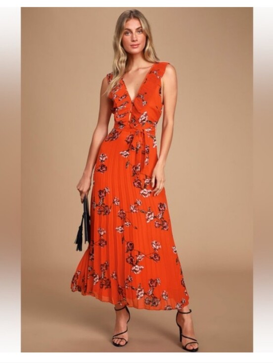 Lulus Dresses & Skirts - Lulus Loved By You Women’s Red Orange Floral V-Neck Pleated Maxi Dress Small